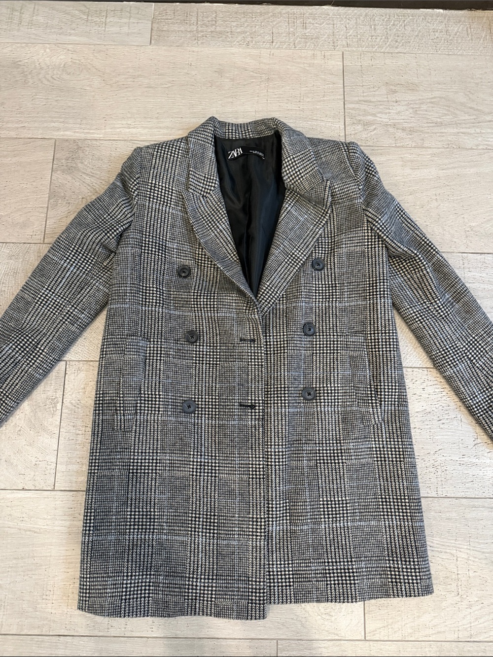 Zara Black and Gray Plaid Double-Breasted Blazer Jacket